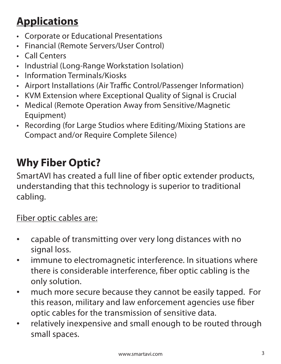 Applications, Why fiber optic | Smart Avi FDX-500 User Manual | Page 3 / 8