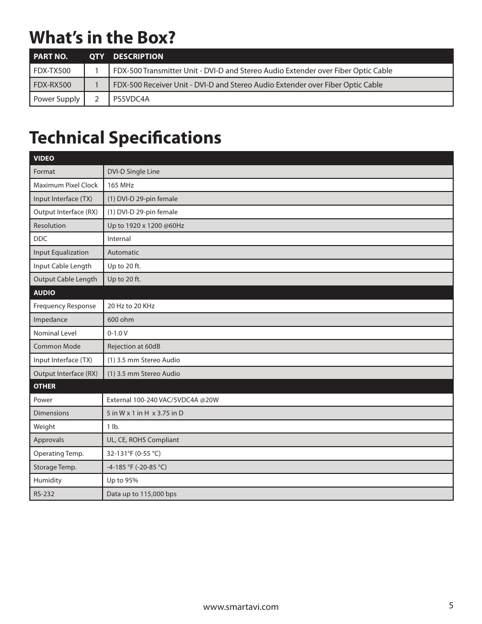 What’s in the box, Technical specifications | Smart Avi FDX-500 User Manual | Page 5 / 8