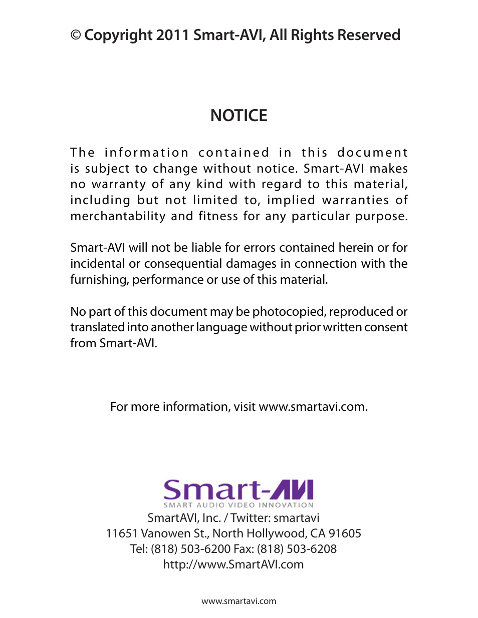 Notice, Copyright 2011 smart-avi, all rights reserved | Smart Avi FDX-500 User Manual | Page 8 / 8