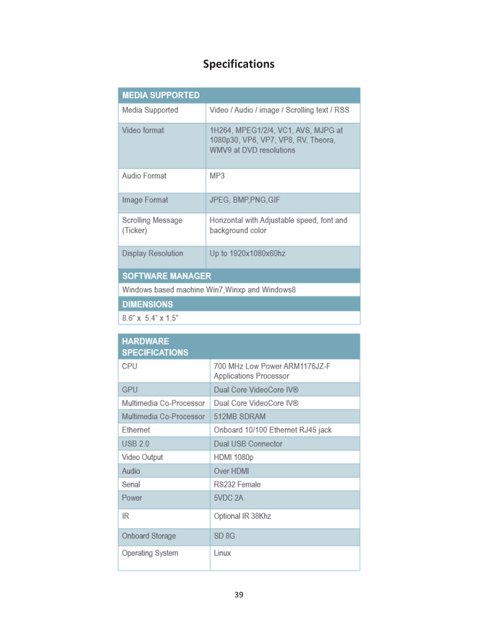 Specifications | Smart Avi SignWare-Pro User Manual | Page 39 / 43