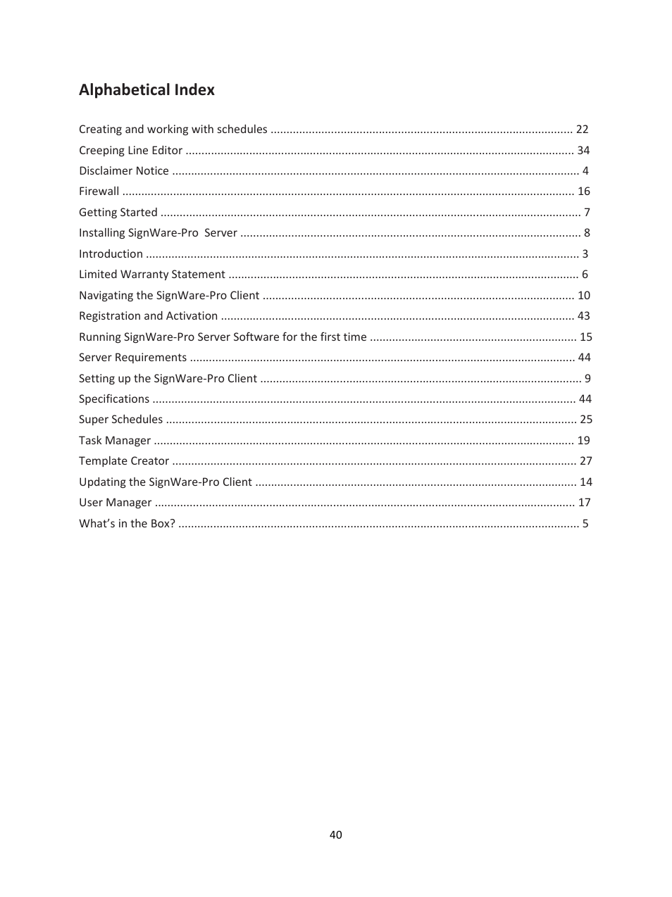 Alphabetical index | Smart Avi SignWare-Pro User Manual | Page 40 / 43