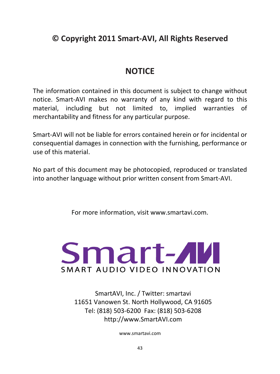 Notice, Copyright 2011 smart-avi, all rights reserved | Smart Avi SignWare-Pro User Manual | Page 43 / 43