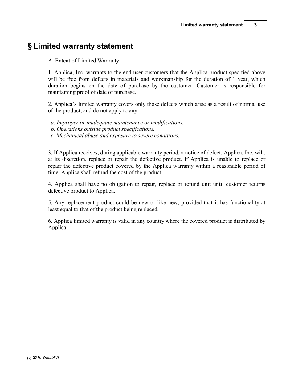 Limited warranty statement | Smart Avi SignagePro User Manual | Page 7 / 108