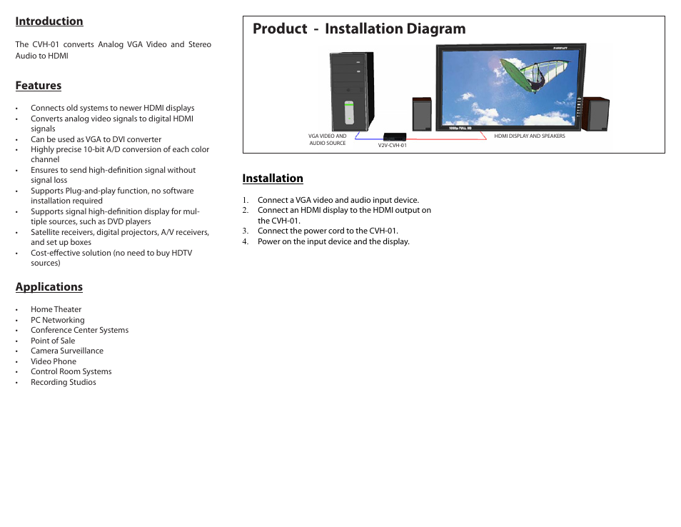 Product - installation diagram, Introduction, Applications | Features, Installation | Smart Avi CVH-01 User Manual | Page 2 / 2
