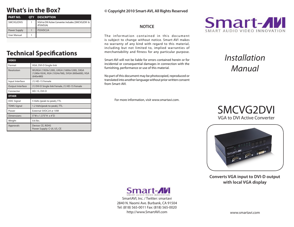 Smart Avi SMCVG2DVI User Manual | 2 pages