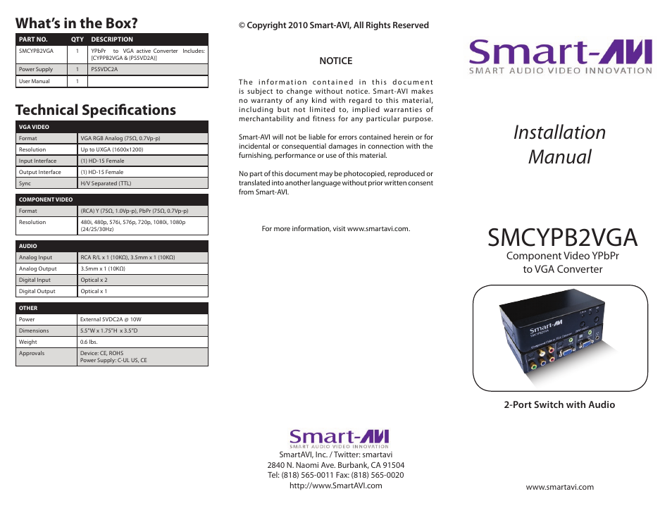 Smart Avi SMCYPB2VGA User Manual | 2 pages