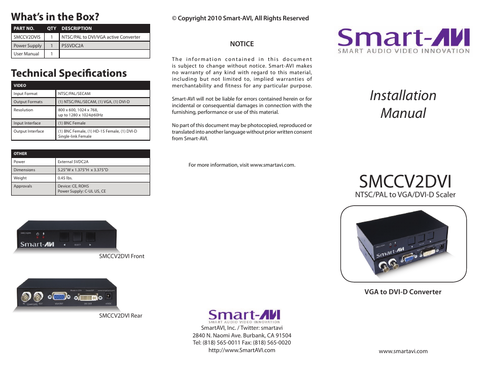 Smart Avi SMCCV2DVI User Manual | 2 pages