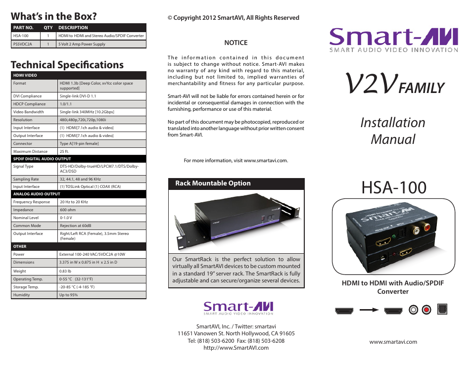 Smart Avi HSA-100 User Manual | 2 pages