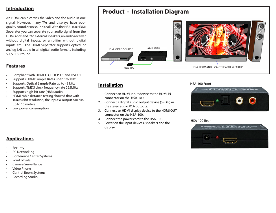 Product - installation diagram, Introduction, Applications | Features, Installation | Smart Avi HSA-100 User Manual | Page 2 / 2