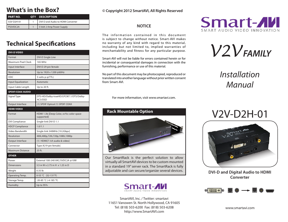 Smart Avi V2V-D2H-01 User Manual | 2 pages