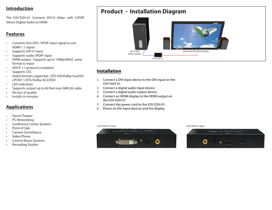 Product - installation diagram, Introduction, Applications | Features, Installation | Smart Avi V2V-D2H-01 User Manual | Page 2 / 2