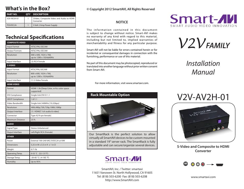 Smart Avi V2V-AV2H-01 User Manual | 2 pages