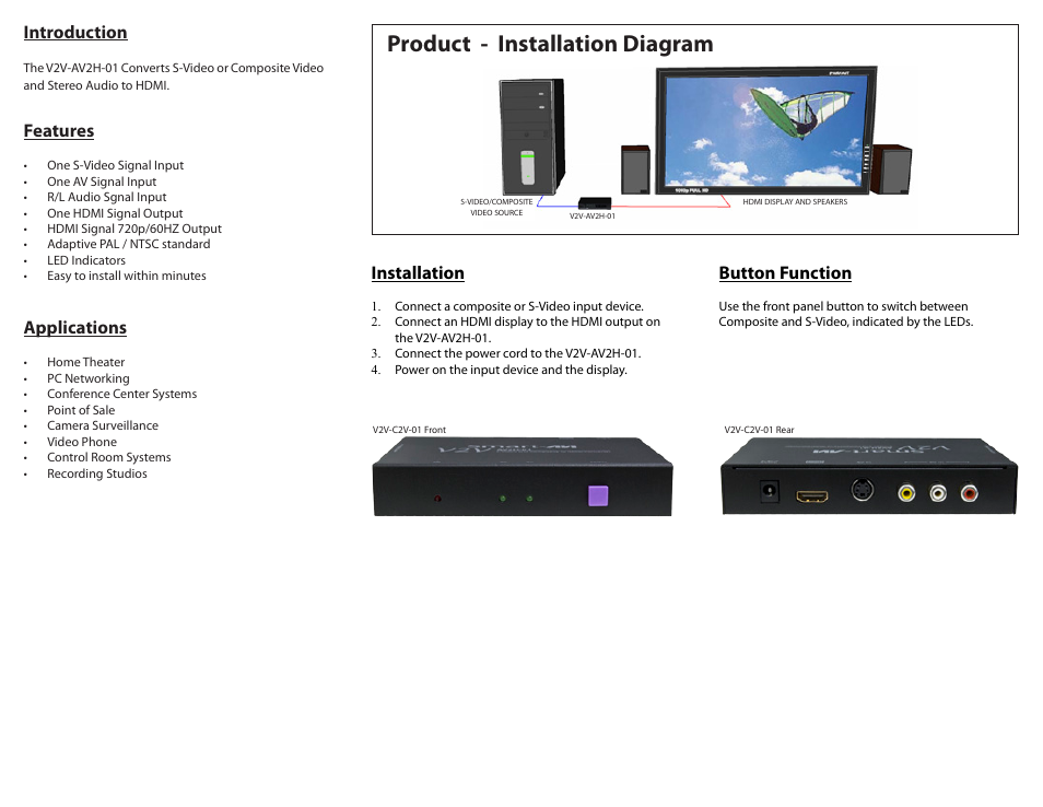 Product - installation diagram, Introduction, Applications | Features, Installation, Button function | Smart Avi V2V-AV2H-01 User Manual | Page 2 / 2