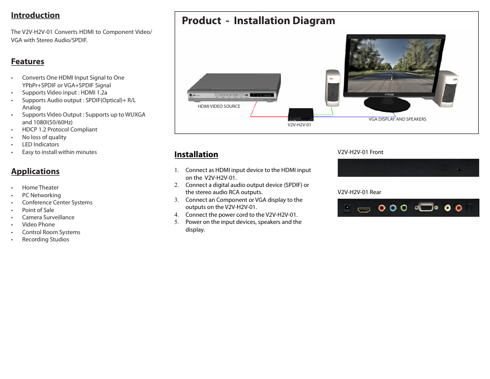 Product - installation diagram, Introduction, Applications | Features, Installation | Smart Avi V2V-H2V-01 User Manual | Page 2 / 2