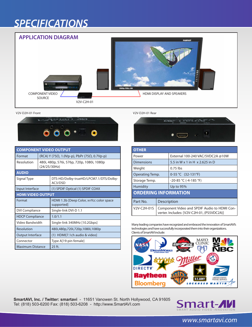 Specifications, Application diagram, Ordering information | Smart Avi V2V-C2H-01 User Manual | Page 2 / 2