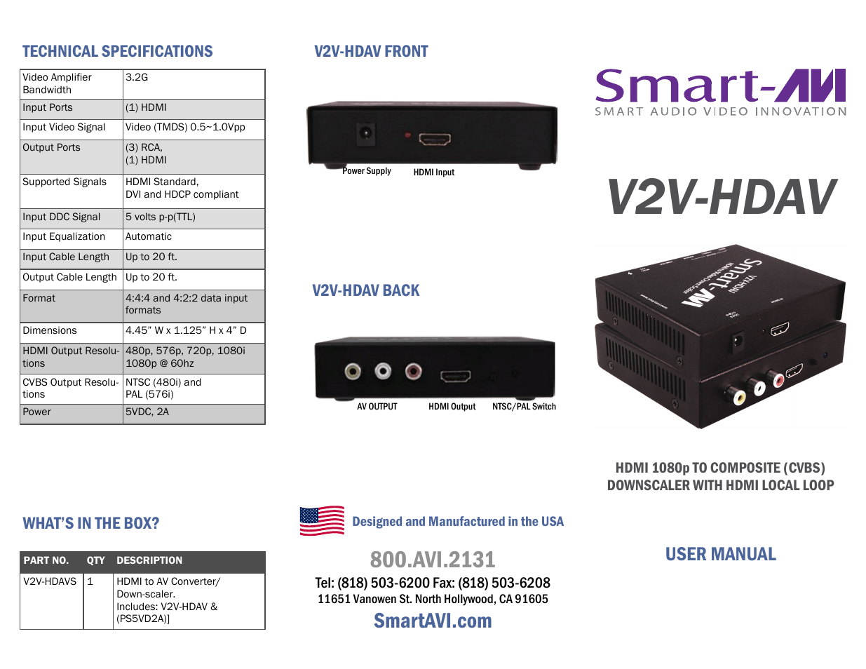 Smart Avi V2V-HDAV User Manual | 2 pages