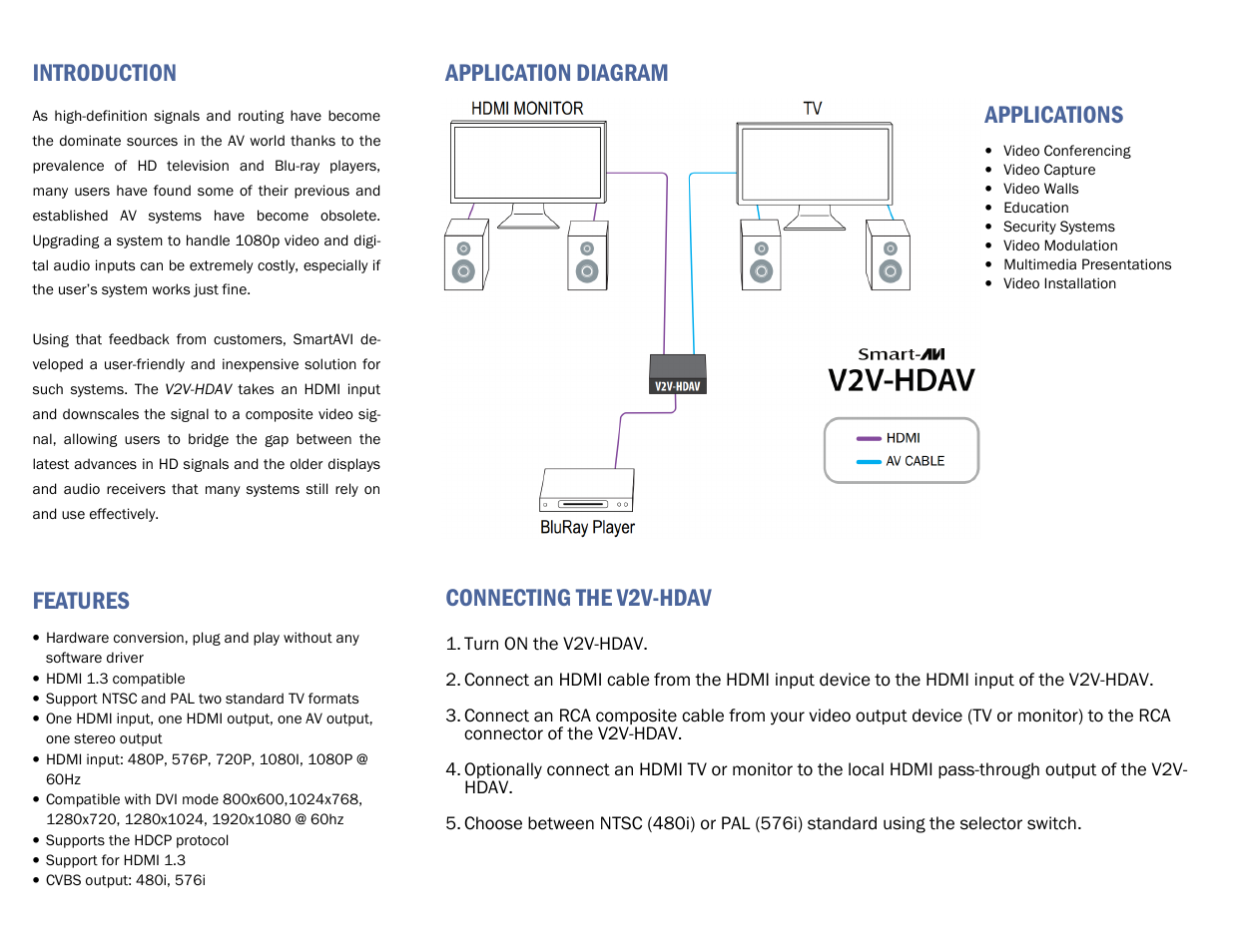 Introduction, Connecting the v2v-hdav, Application diagram applications | Features | Smart Avi V2V-HDAV User Manual | Page 2 / 2