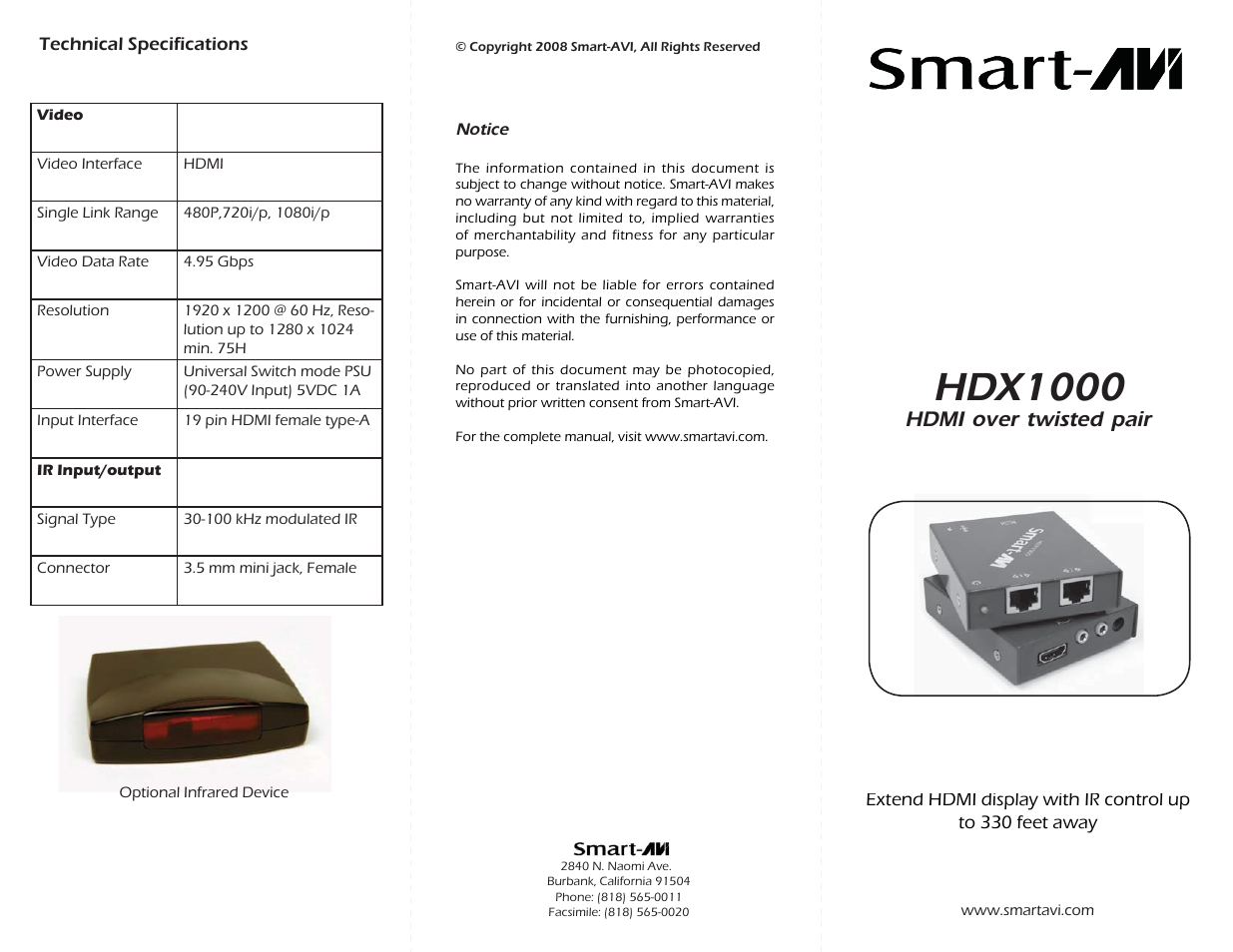 Smart Avi HDX1000 User Manual | 2 pages