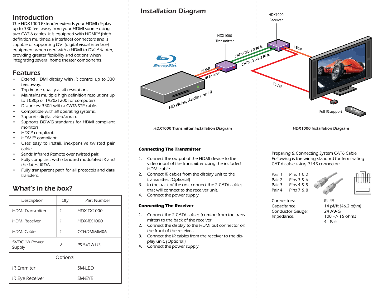 Introduction, Features, What’s in the box? installation diagram | Smart Avi HDX1000 User Manual | Page 2 / 2