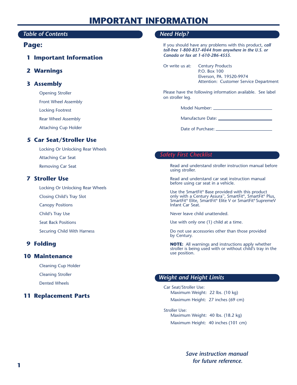 Important information, Page, Need help | 1 important information 2 warnings 3 assembly, 5 car seat/stroller use, 7 stroller use, 9 folding 10 maintenance | Century Travel SolutionsTM Plus User Manual | Page 2 / 40