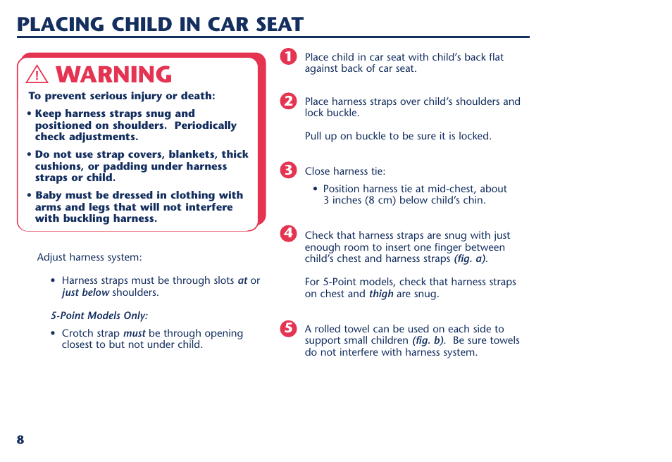 Warning, Placing child in car seat | Century Travel SolutionsTM Plus User Manual | Page 26 / 40