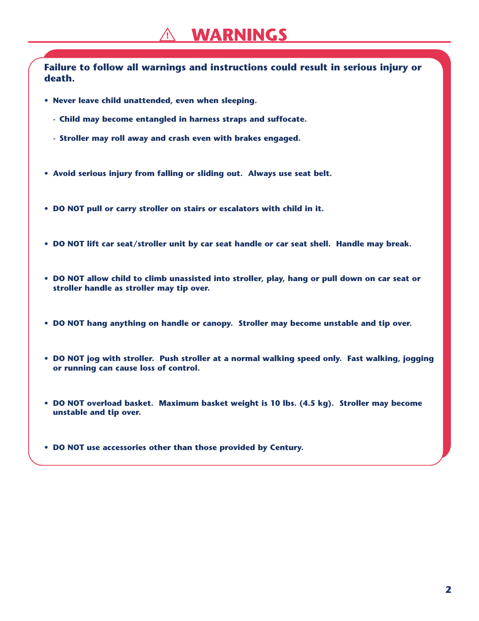 Warnings | Century Travel SolutionsTM Plus User Manual | Page 3 / 40