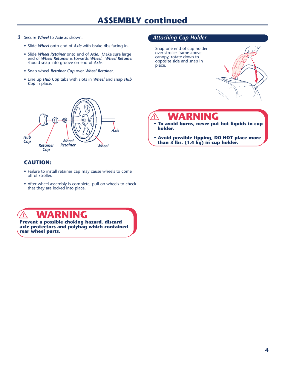 Warning, Assembly continued | Century Travel SolutionsTM Plus User Manual | Page 5 / 40