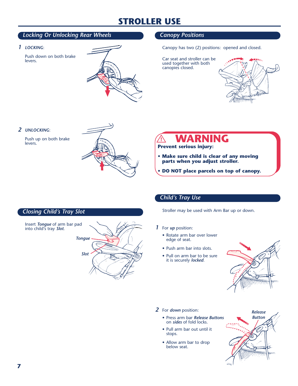 Warning, Stroller use | Century Travel SolutionsTM Plus User Manual | Page 8 / 40