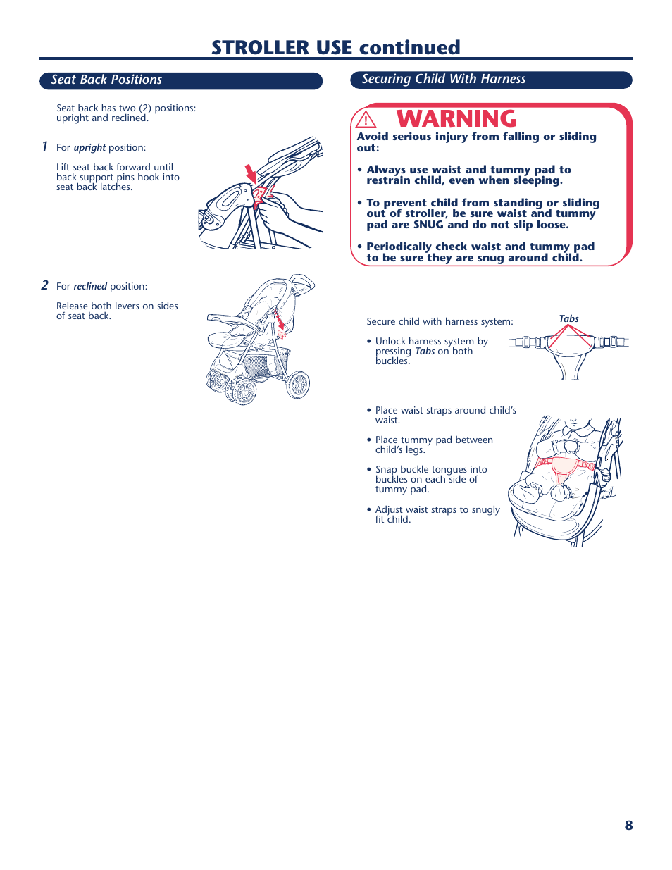 Warning, Stroller use continued | Century Travel SolutionsTM Plus User Manual | Page 9 / 40