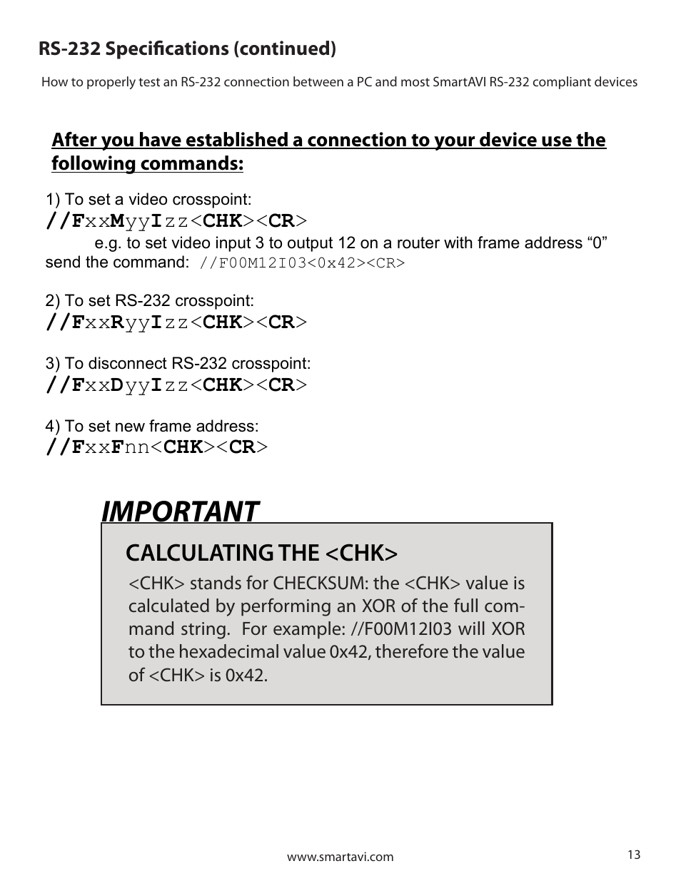 Important, Calculating the <chk, Rs-232 specifications (continued) | Smart Avi SM-RS232 User Manual | Page 13 / 16