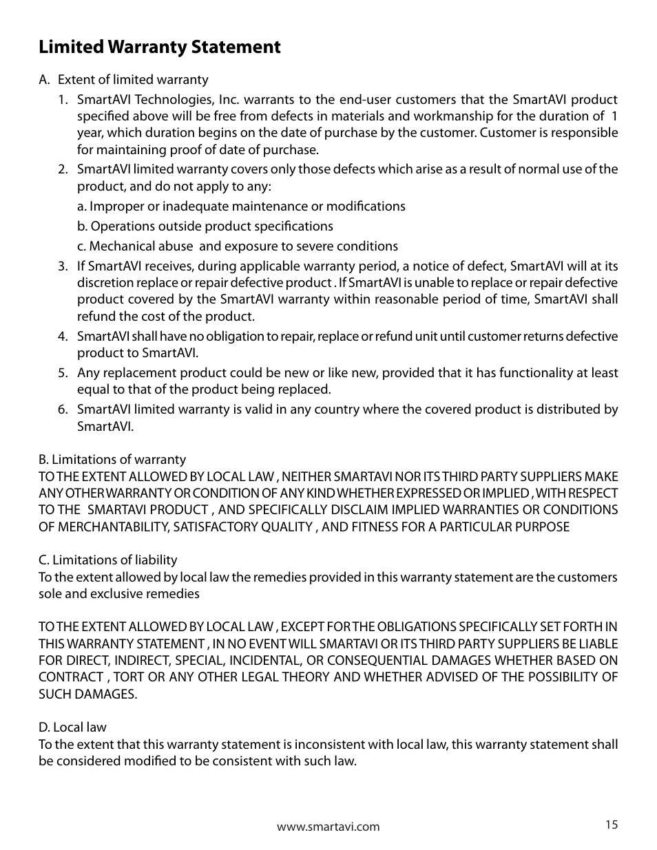 Limited warranty statement | Smart Avi SM-RS232 User Manual | Page 15 / 16