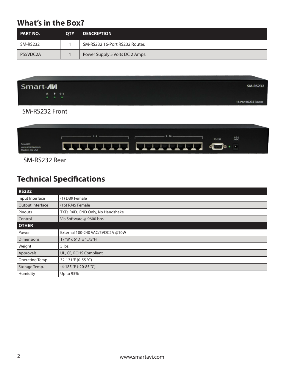 What’s in the box, Technical specifications | Smart Avi SM-RS232 User Manual | Page 2 / 16