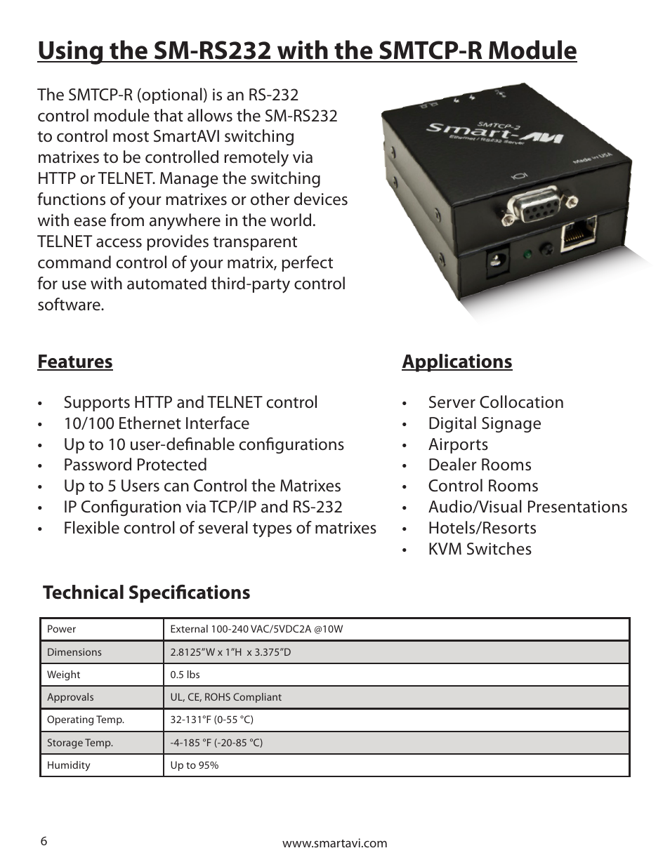 Using the sm-rs232 with the smtcp-r module, Applications, Features | Technical specifications | Smart Avi SM-RS232 User Manual | Page 6 / 16