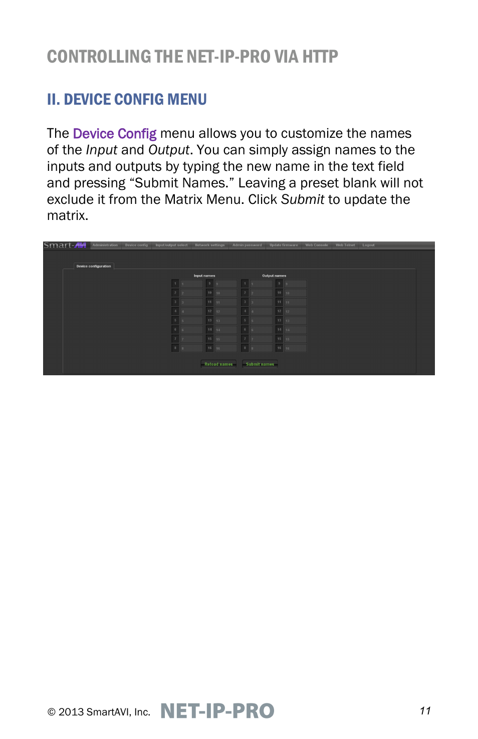 Ii. device config menu | Smart Avi Net-IP-Pro User Manual | Page 11 / 16