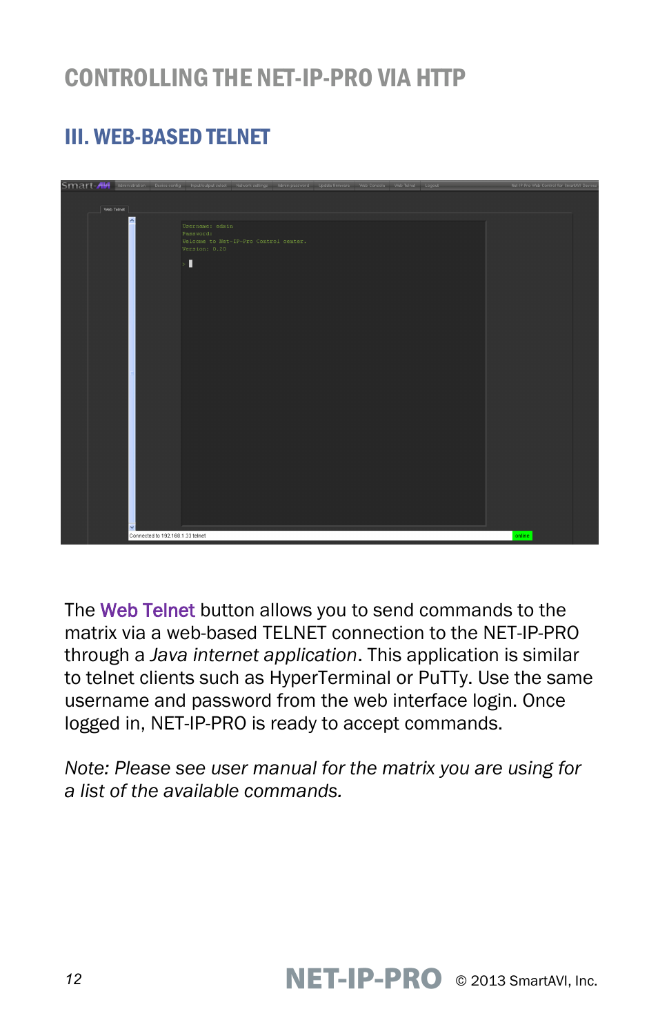 Iii. web-based telnet | Smart Avi Net-IP-Pro User Manual | Page 12 / 16