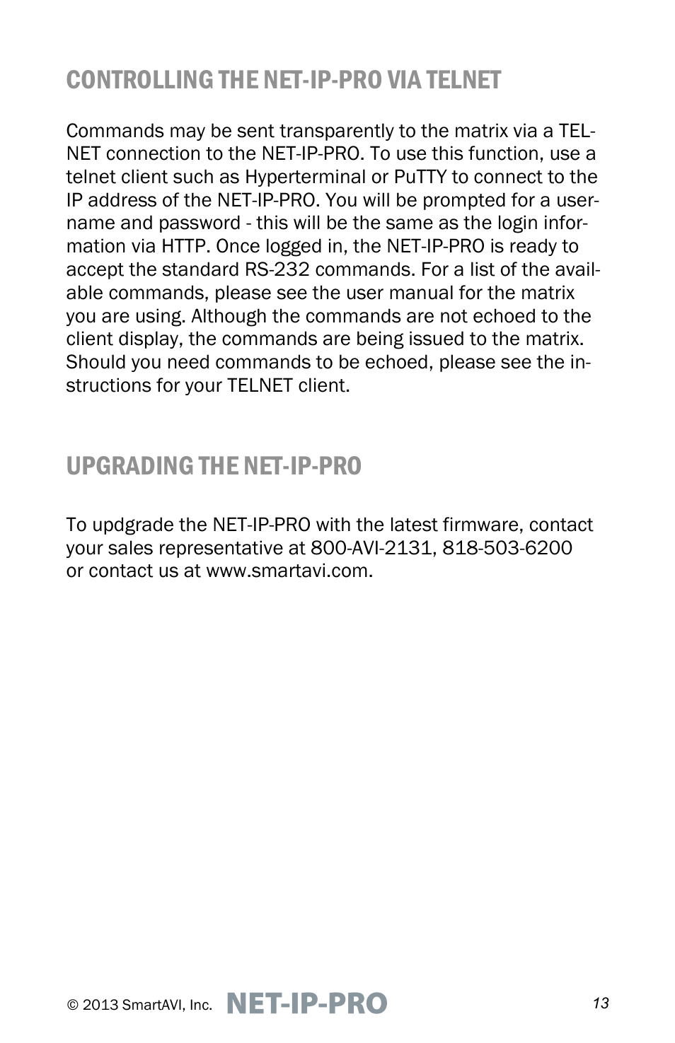 Controlling the net-ip-pro via telnet, Upgrading the net-ip-pro | Smart Avi Net-IP-Pro User Manual | Page 13 / 16