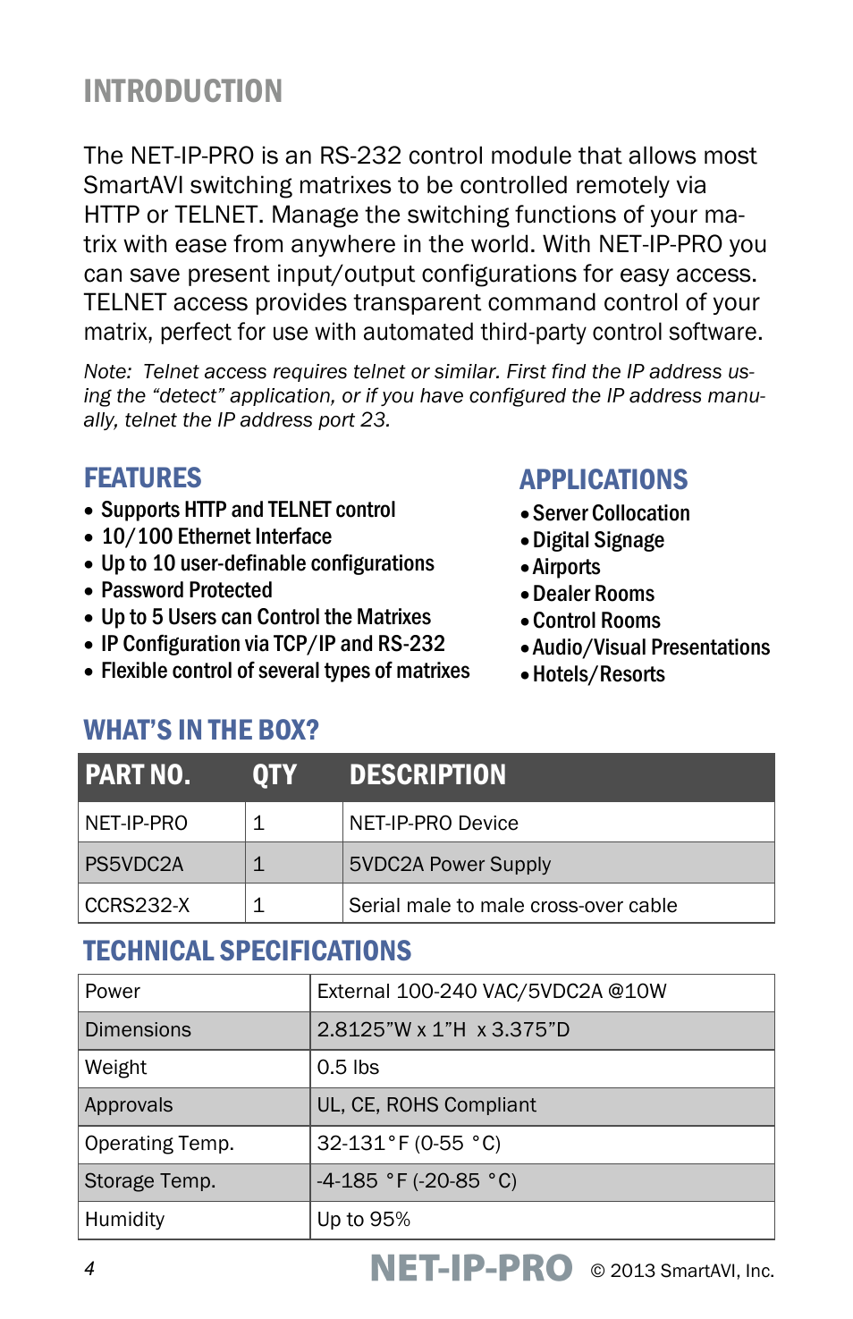 Introduction, Part no. qty description, Features | What’s in the box, Applications, Technical specifications | Smart Avi Net-IP-Pro User Manual | Page 4 / 16