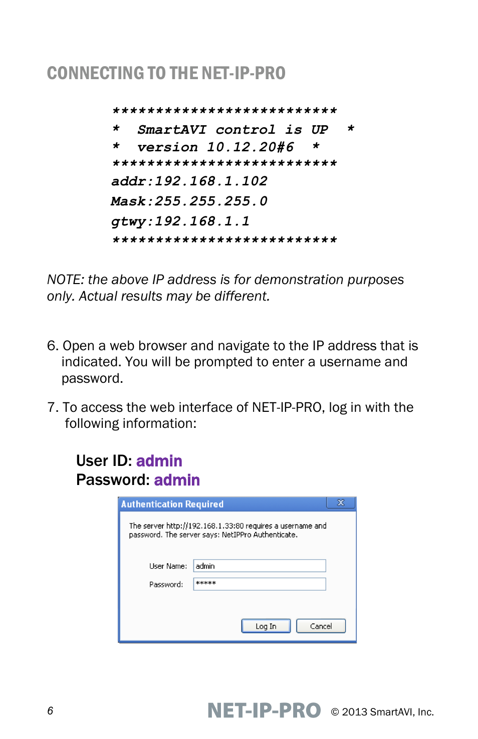 Connecting to the net-ip-pro, User id: admin password: admin | Smart Avi Net-IP-Pro User Manual | Page 6 / 16