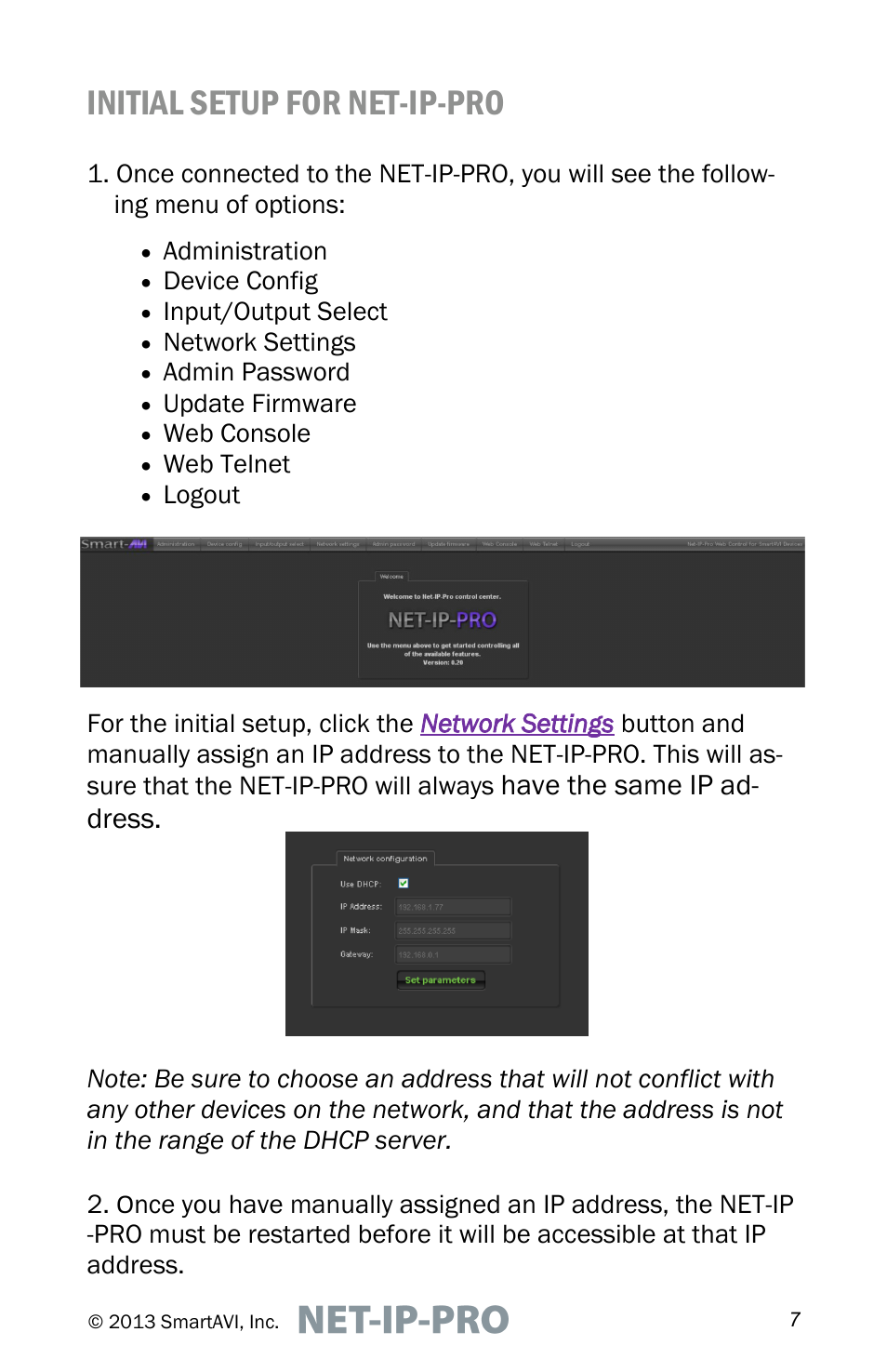 Initial setup for net-ip-pro, Have the same ip ad- dress | Smart Avi Net-IP-Pro User Manual | Page 7 / 16