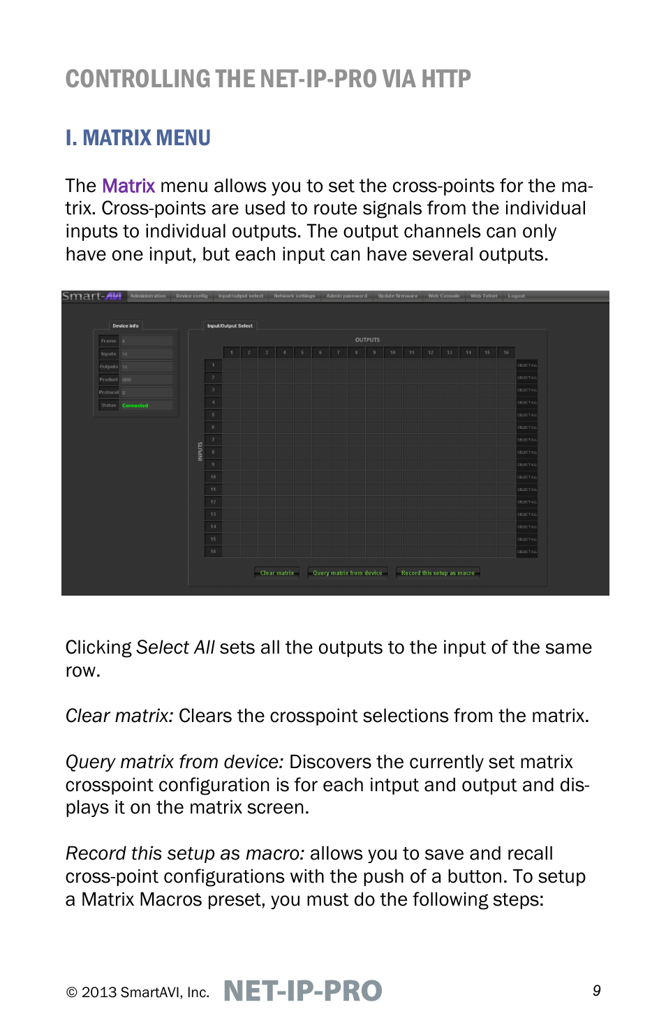 I. matrix menu | Smart Avi Net-IP-Pro User Manual | Page 9 / 16