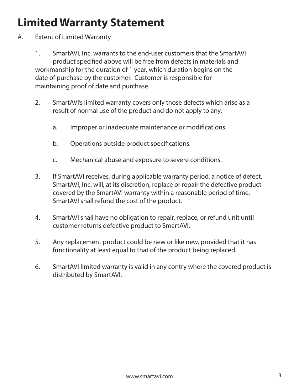 Limited warranty statement | Smart Avi SignWall User Manual | Page 3 / 16