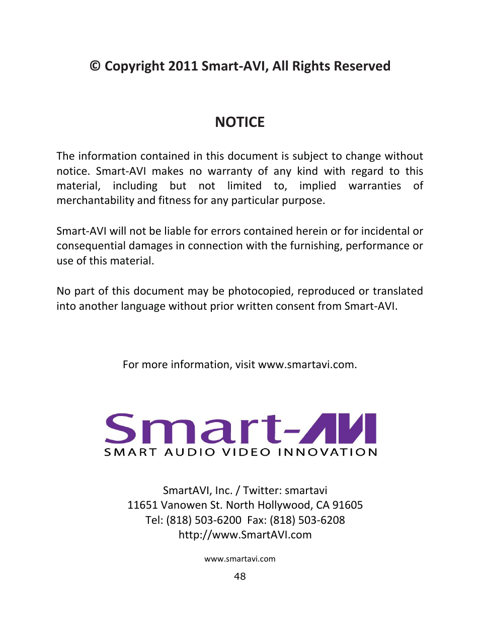 Notice, Copyright 2011 smart-avi, all rights reserved | Smart Avi PresenterWall User Manual | Page 48 / 48