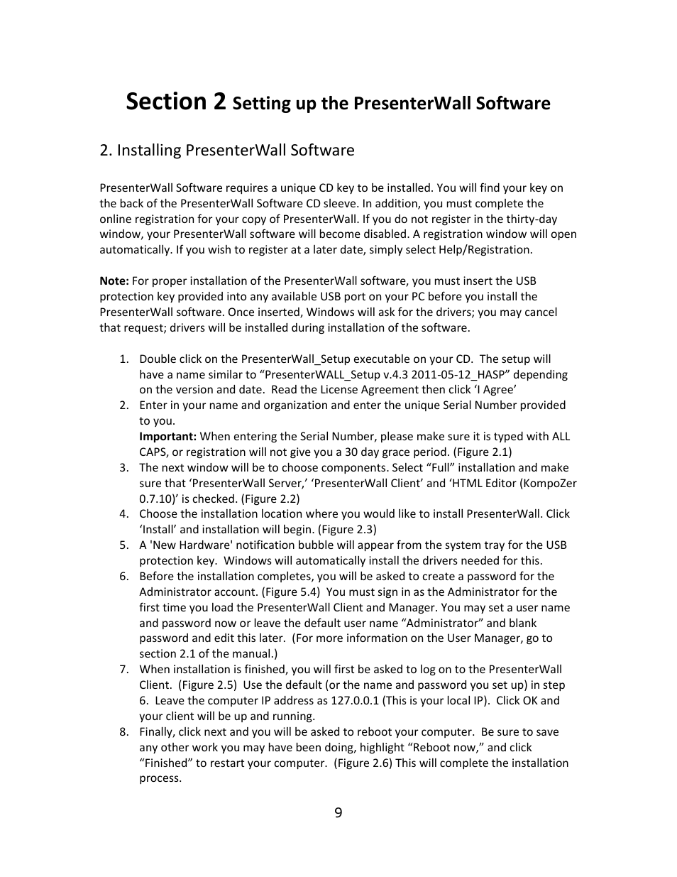 Setting up the presenterwall software, Installing presenterwall software | Smart Avi PresenterWall User Manual | Page 9 / 48