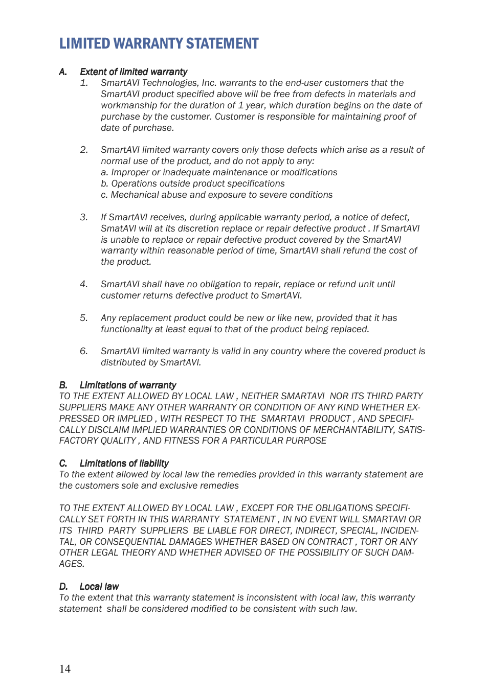 Limited warranty statement | Smart Avi 4K-Wall User Manual | Page 14 / 16