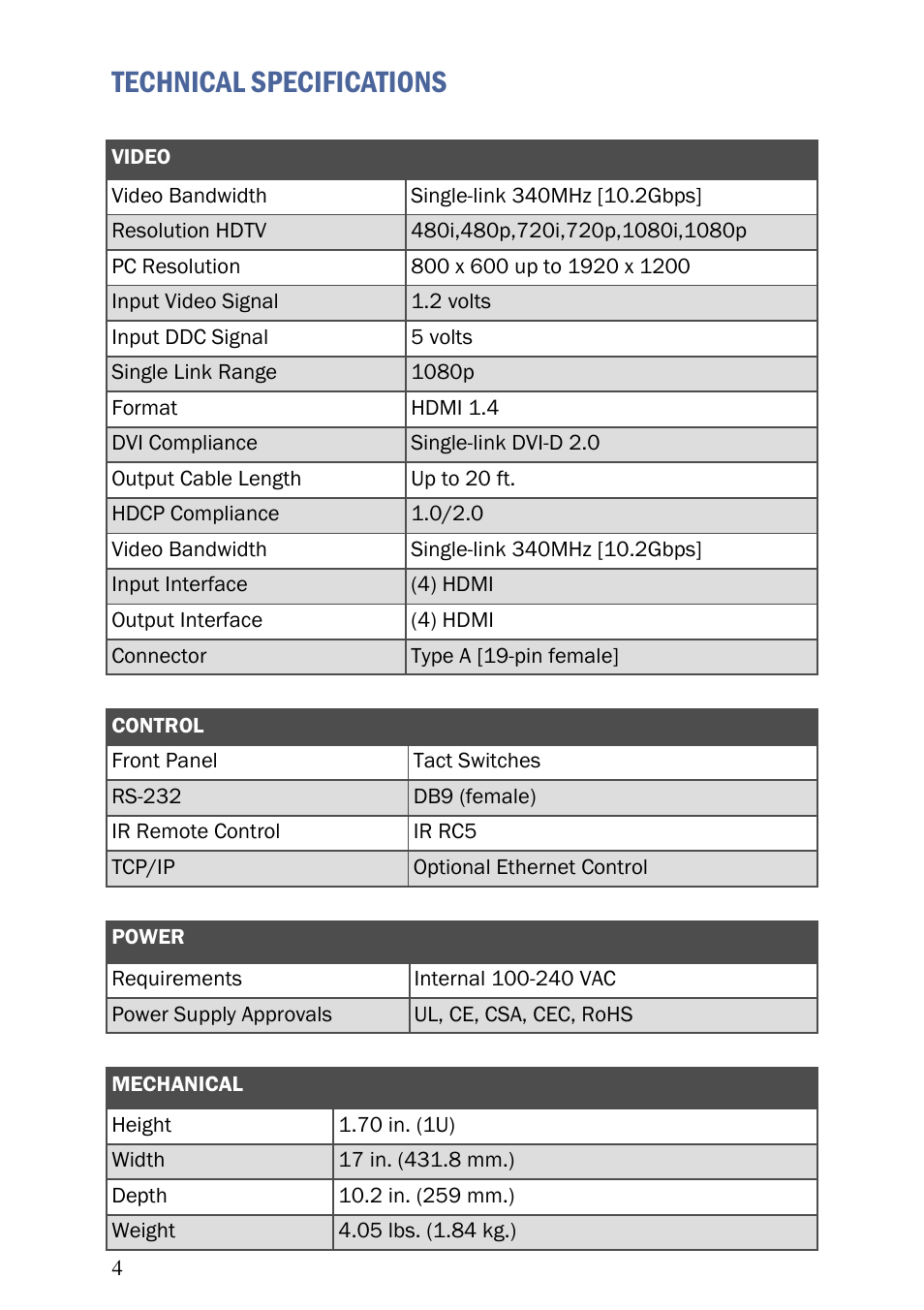 Technical specifications | Smart Avi 4K-Wall User Manual | Page 4 / 16