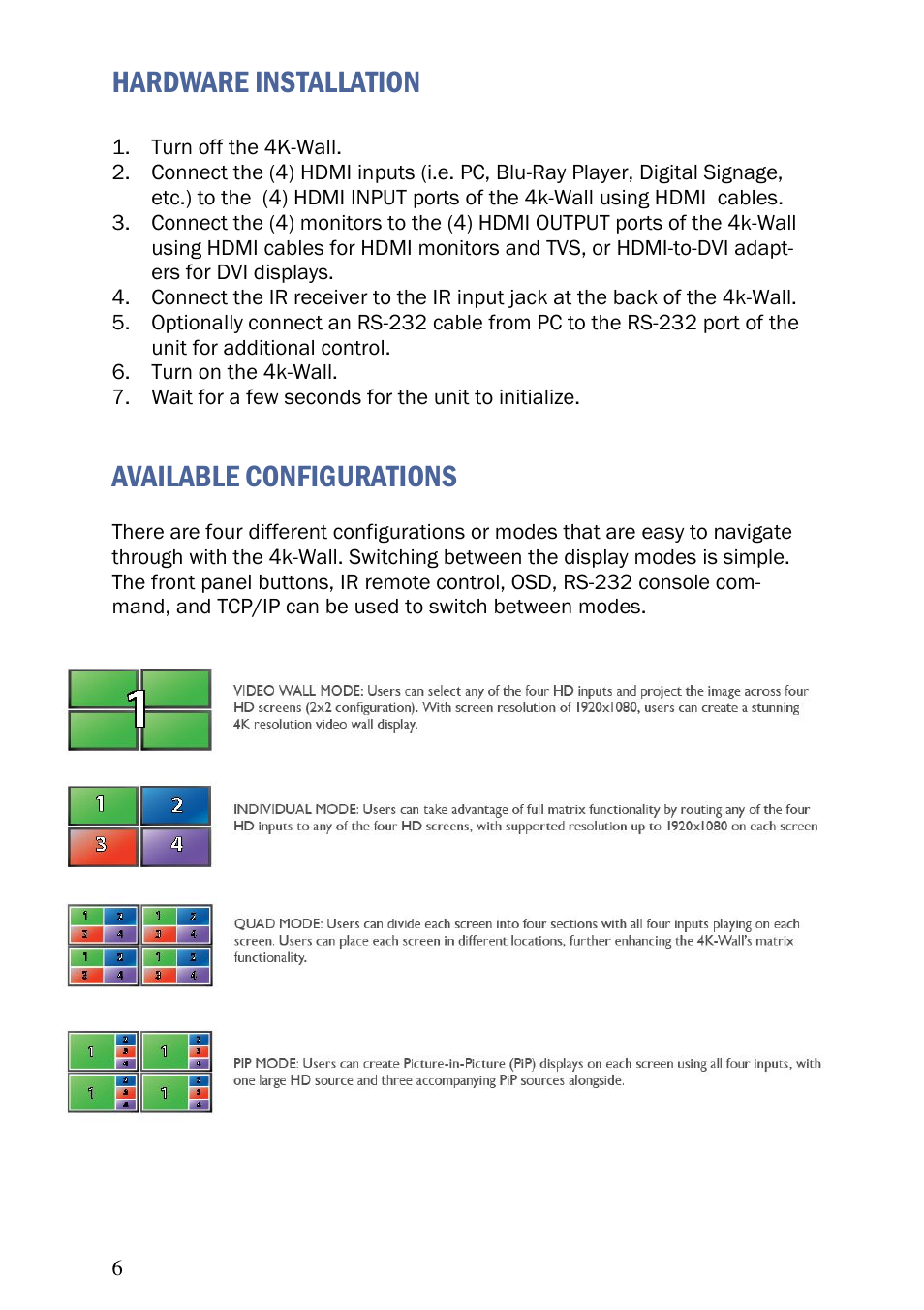 Hardware installation, Available configurations | Smart Avi 4K-Wall User Manual | Page 6 / 16