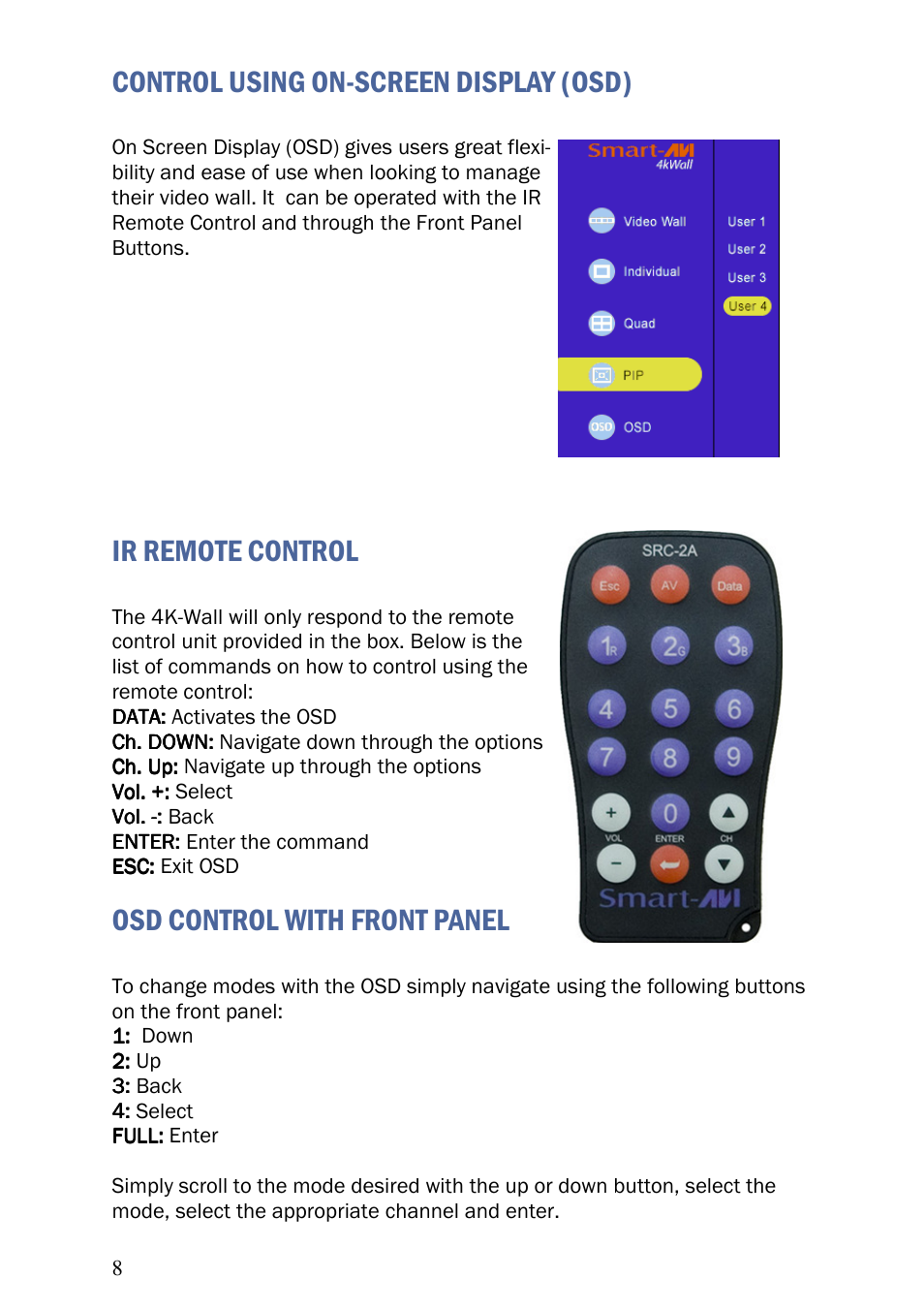 Control using on-screen display (osd), Ir remote control, Osd control with front panel | Smart Avi 4K-Wall User Manual | Page 8 / 16