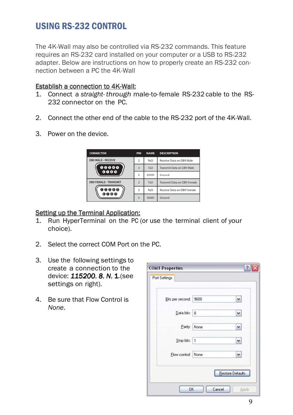Using rs-232 control | Smart Avi 4K-Wall User Manual | Page 9 / 16