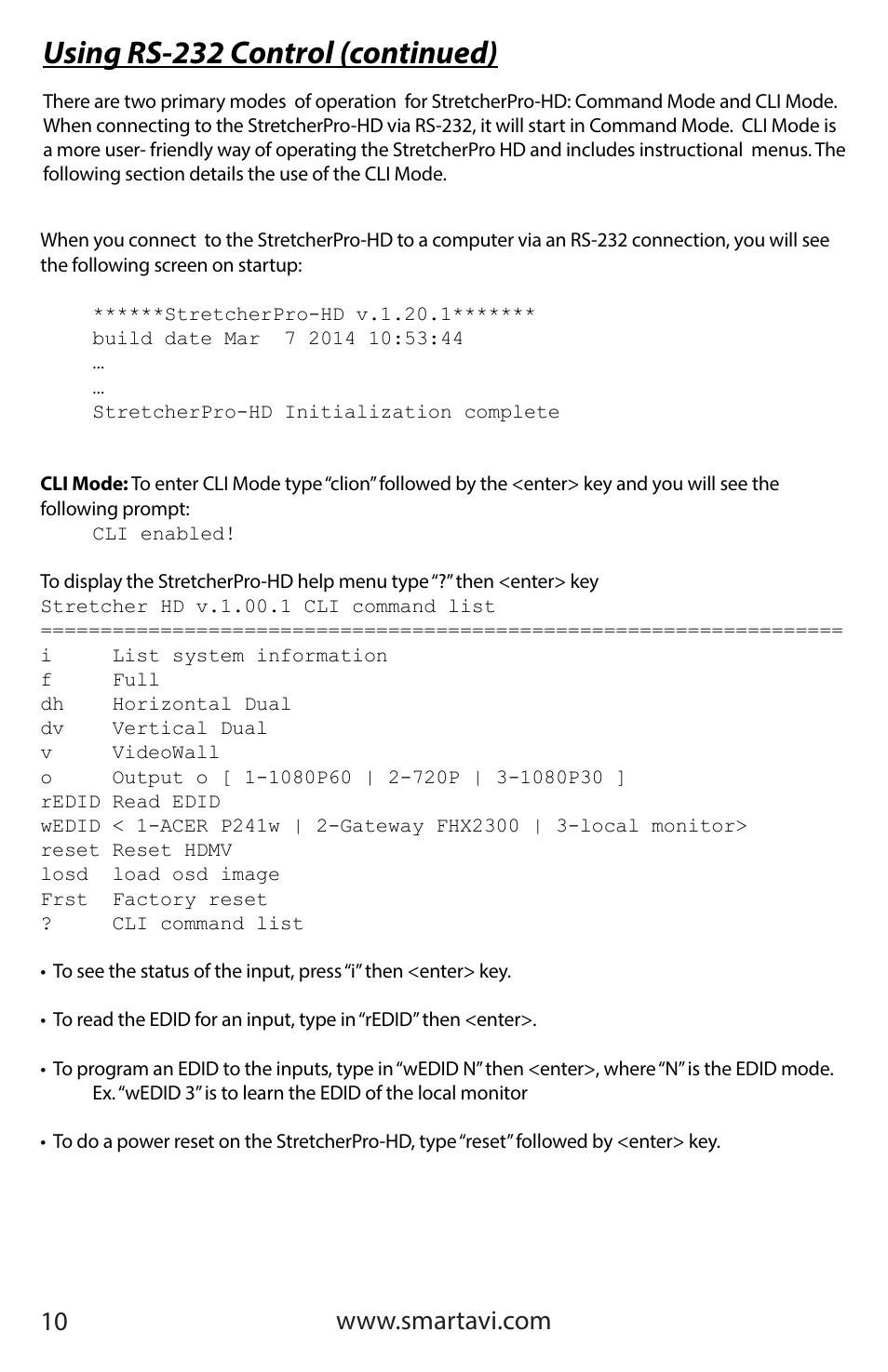 Using rs-232 control (continued) | Smart Avi StretcherPro-HD User Manual | Page 10 / 16