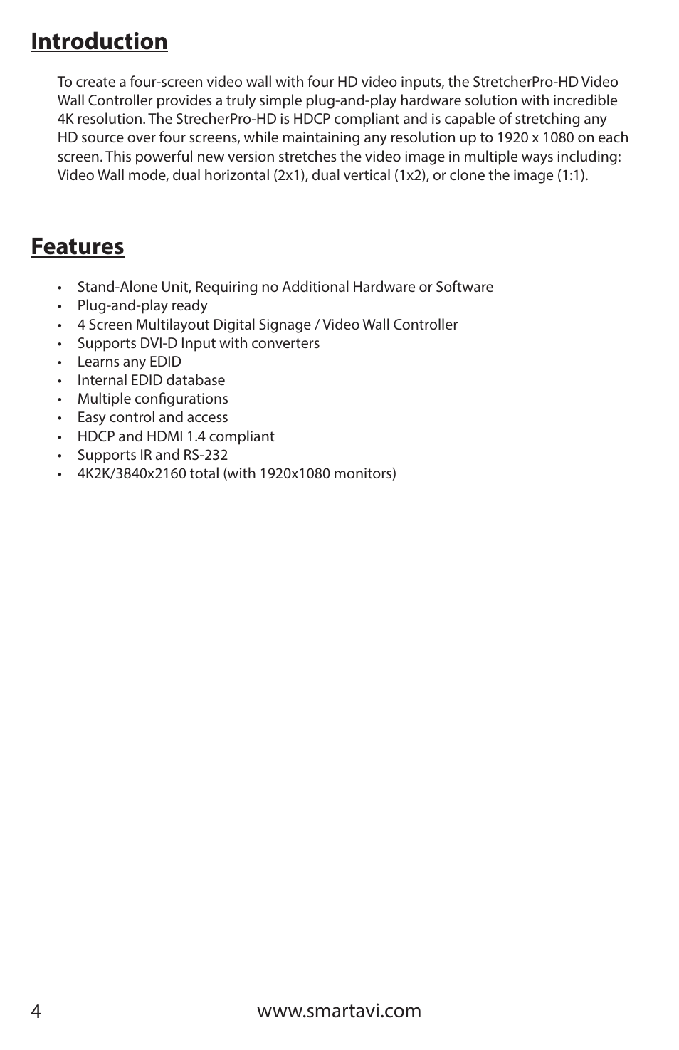 Introduction, Features | Smart Avi StretcherPro-HD User Manual | Page 4 / 16